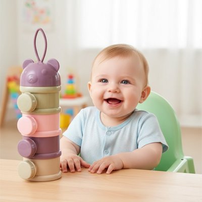 Bébé-à table souriant avec boite doseuse lait rose nomade