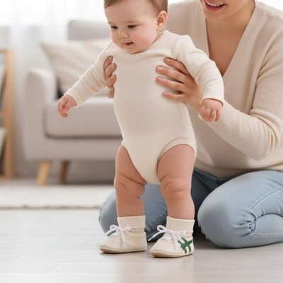 Bébé fait ses premiers pas avec chaussure bebe blanc vert