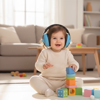 Bébé heureux porte casque anti bruit bébé bleu