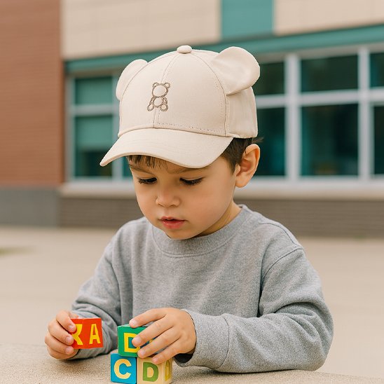 Bébé jouant porte casquette bébé beige ourson