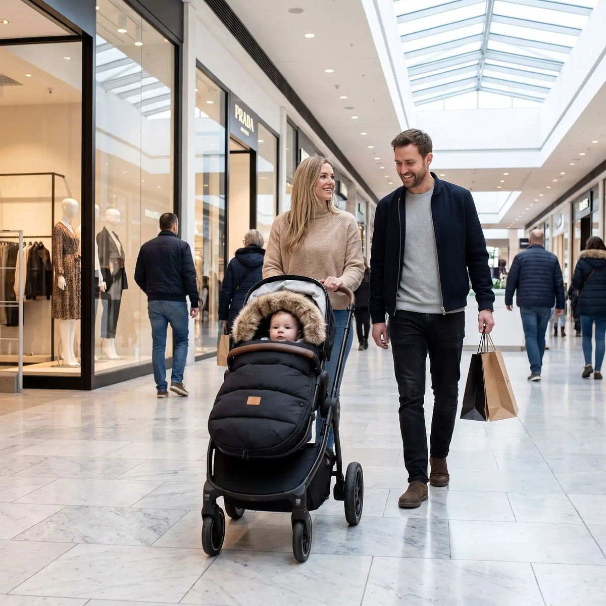 Famille au centre commercial avec bébé dans chancelière poussette noir