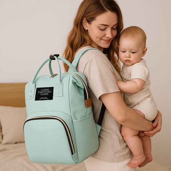 jeune maman avec bébé porte sac à langer bleu ciel