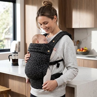 Maman en cuisine avec bébé dans porte bebe points noir
