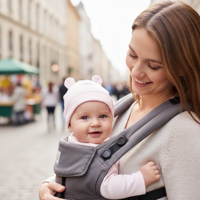 maman en promenade avec bébé portant bonnet bebe blanc