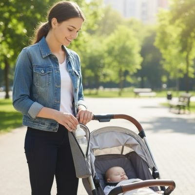Maman et bébé en balade avec porte biberon gris accroché