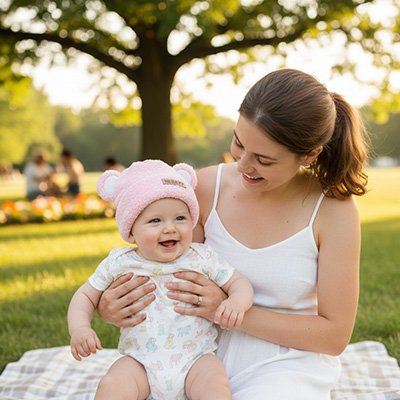 Maman et bébé portant bonnet bebe rose petites oreilles dehors
