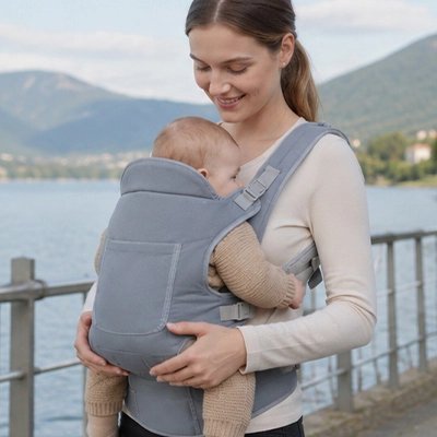 Maman marche avec bébé dans porte bébé gris