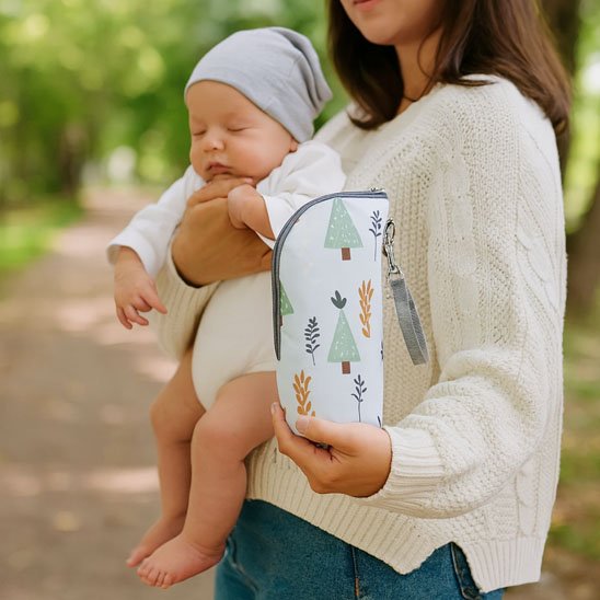 Maman tient bébé au parc avec porte biberon bebe gris