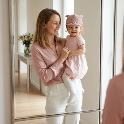 Reflet de maman et bébé portant casquette bebe rose à table