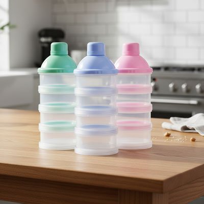 Trois boite doseuse lait sur table en cuisine