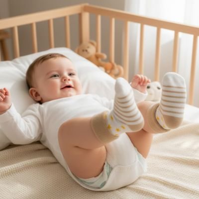 Bébé  porte chaussette bebe blanc kaki rayé doux