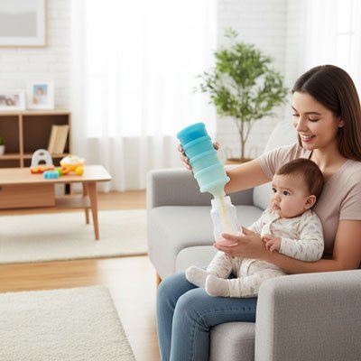 Maman avec bébé utilisant boite doseuse lait