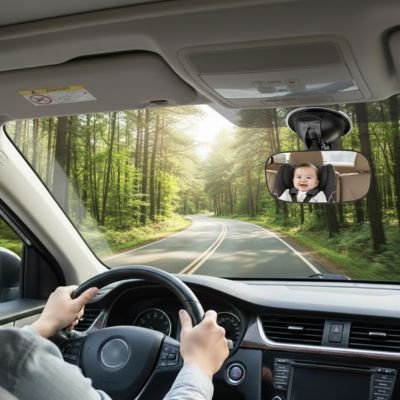 Adulte au volant avec miroir voiture bébé en avant