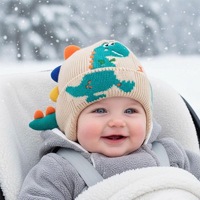 Bébé à l'extérieur portant bonnet bebe beige dinosaure