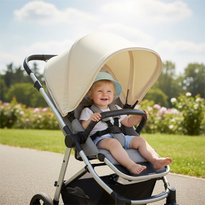 Bébé à extérieur sous par soleil pour poussette​ beige
