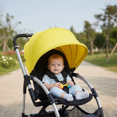 Bébé à extérieur sous par soleil pour poussette​ jaune