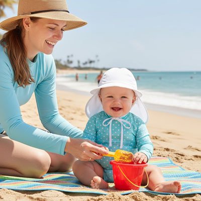 Bébé à la plage porte casquette bebe blanc