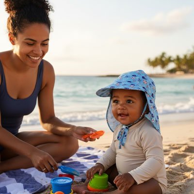 Bébé à la plage porte casquette bebe bleu animalier