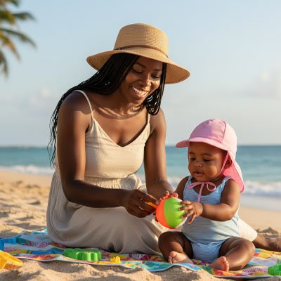 Bébé à la plage porte casquette bebe rose