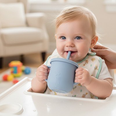 bébé à table boit dans son gobelet bebe bleu clair