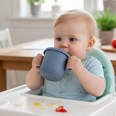 bébé à table boit dans son gobelet bebe bleu 
