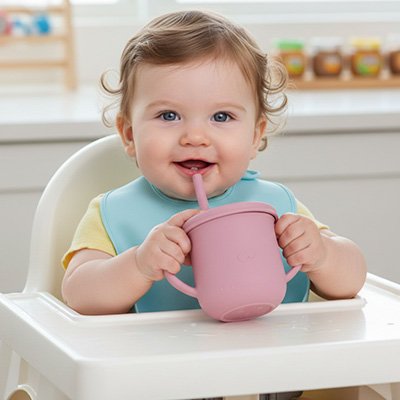 bébé à table boit dans son gobelet bebe rose
