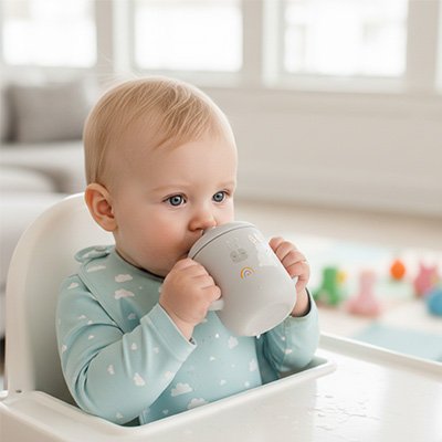 Bébé à table buvant dans son gobelet  bébé gris