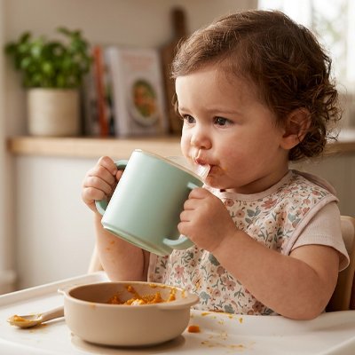 Bébé à table buvant dans son gobelet bebe vert ergo