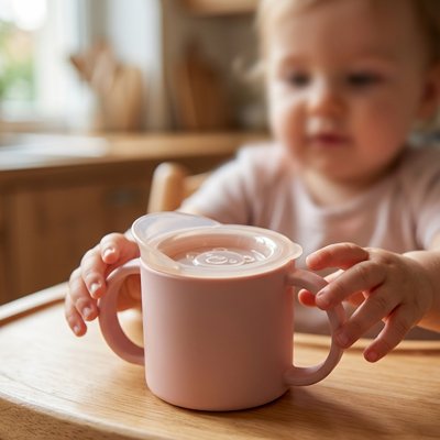 Bébé à table tient son gobelet bebe rose ergo