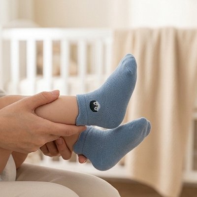 Bébé allongé porte chaussette bebe bleu tête chat