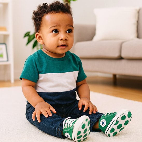 Bébé assis en chambre porte chaussure bebe vert blanc