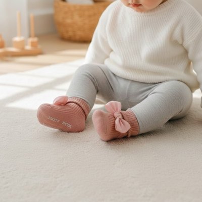 bébé assise avec chaussette bébé rose ultra doux 