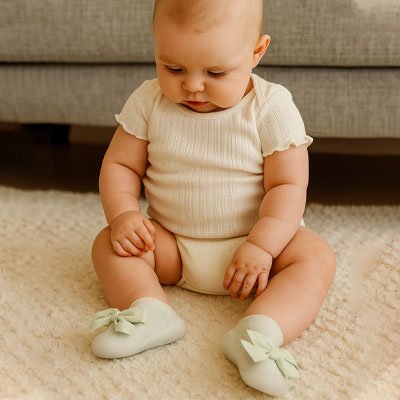 Bébé assise porte chaussure bebe fille vert noeud papillon
