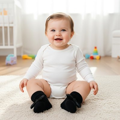 Bébé assit au sol portant chaussette bebe noir noeud papillon