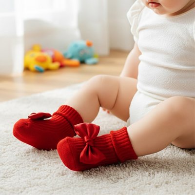 Bébé assit au sol portant chaussette bebe rouge noeud papillon