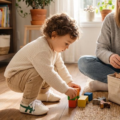Bébé assit et jouant porte chaussure bebe blanc vert