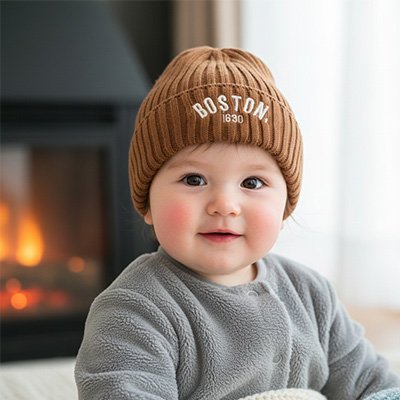 Bébé assit près cheminée portant bonnet bebe marron Boston