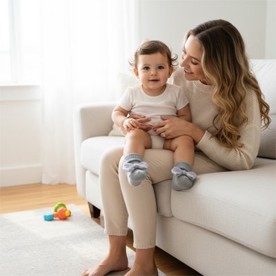 Bébé assit sur maman portant chaussette bebe gris noeud papillon