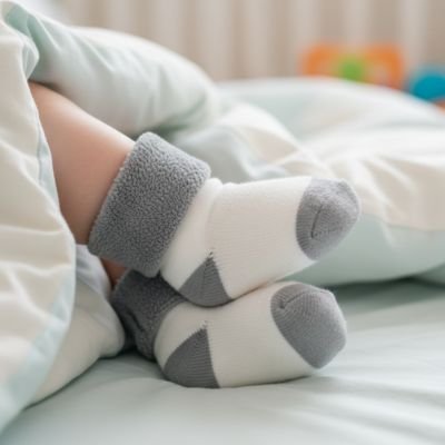 Bébé au lit porte chaussette bebe blanc gris doux