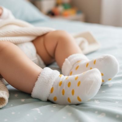 Bébé au lit porte chaussette bebe blanc jaune pointillé doux