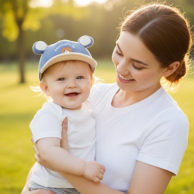bébé au parc avec maman porte casquette bebe bleu ourson 