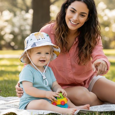 Bébé au parc avec maman porte chapeau bebe protection