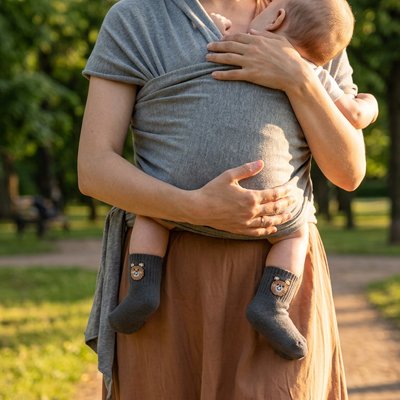 Bébé au parc avec maman porte chaussettes bleu ours