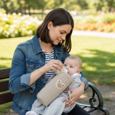 Bébé au parc boit son lait dans porte biberon ours