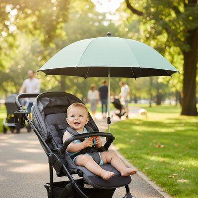 Bébé au parc dans poussette sous ombrelle poussette verte