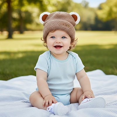  Bébé au parc portant bonnet bebe marron petites oreilles adorables