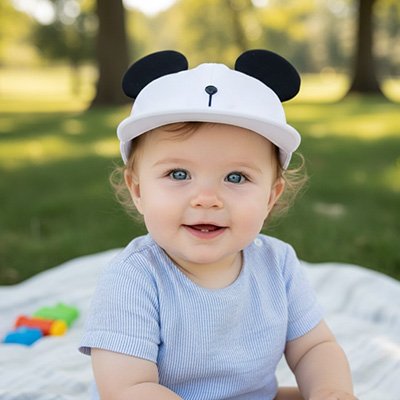 Bébé au parc porte casquette bébé blanc ours