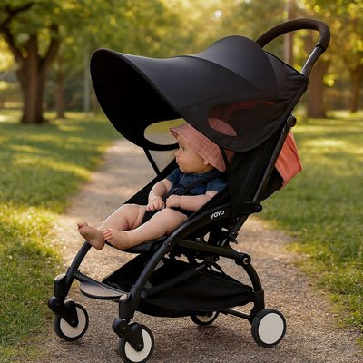 Bébé au parc sous par soleil pour poussette​ 