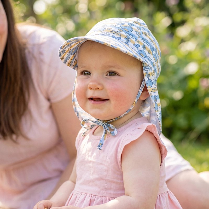 Bébé au pique nique porte casquette bebe motif animalier coloré