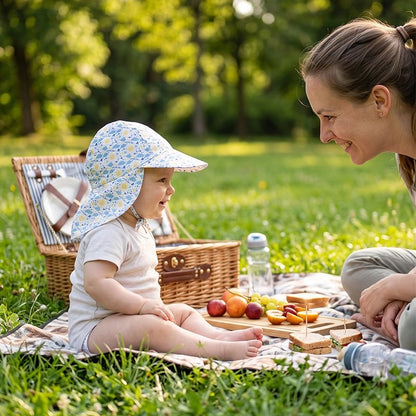 Bébé au pique nique porte casquette bebe motif étoiles coloré